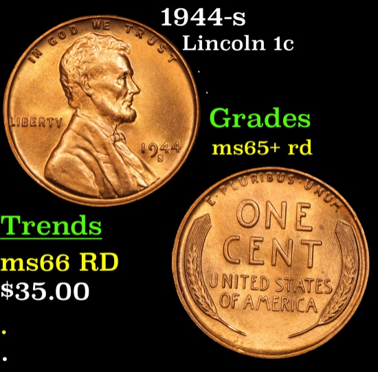 1944-s Lincoln Cent 1c Grades Gem+ Unc RD