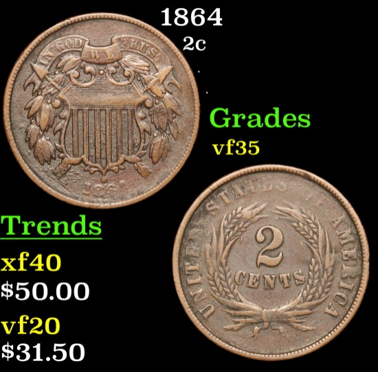 1864 Two Cent Piece 2c Grades vf++