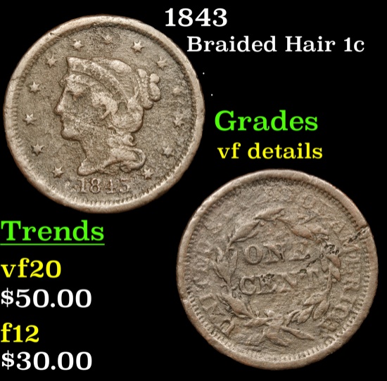 1843 Braided Hair Large Cent 1c Grades vf details