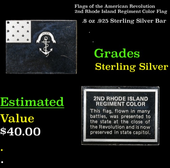 Flags of the American Revolution 2nd Rhode Island Regiment Color Flag .8 oz .925 Sterling Silver Bar