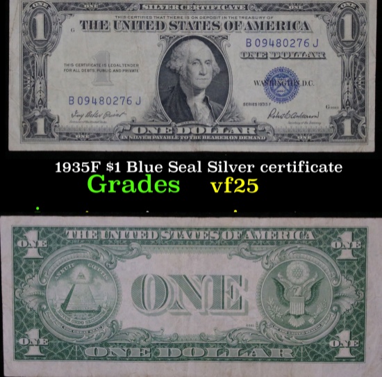 1935F $1 Blue Seal Silver certificate Grades vf+
