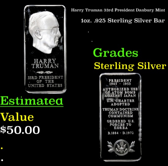 Harry Truman 33rd President Danbury Mint 1oz. .925 Sterling Silver Bar Grades