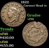 1822 Coronet Head Large Cent 1c Grades vf++