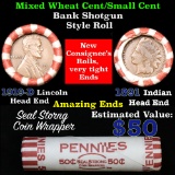 Mixed small cents 1c orig shotgun roll, 1919-d Wheat Cent, 1896 Indian Cent other end