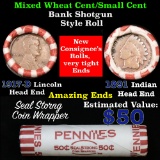 Mixed small cents 1c orig shotgun roll, 1917-d Wheat Cent, 1891 Indian Cent other end