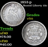 1853-p Seated Liberty Dime 10c Grades vf++