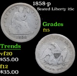 1858-p Seated Liberty Quarter 25c Grades f+