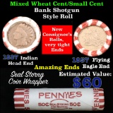 Mixed small cents 1c orig shotgun roll, 1857 Flying Eagle Cent, 1887 Indian Cent other end