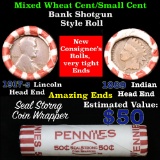 Mixed small cents 1c orig shotgun roll, 1917-s Wheat Cent, 1889 Indian Cent on Othe end
