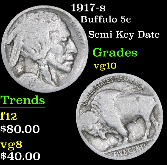 1917-s Buffalo Nickel 5c Grades vg+