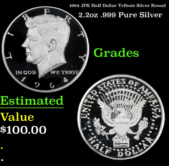 1964 JFK Half Dollar Tribute Silver Round 2.2oz .999 Pure Silver