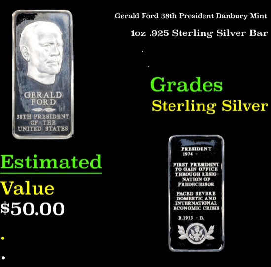 Gerald Ford 38th President Danbury Mint 1oz .925 Fine Sterling Silver Bar
