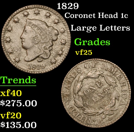 1829 Coronet Head Large Cent 1c Grades vf+