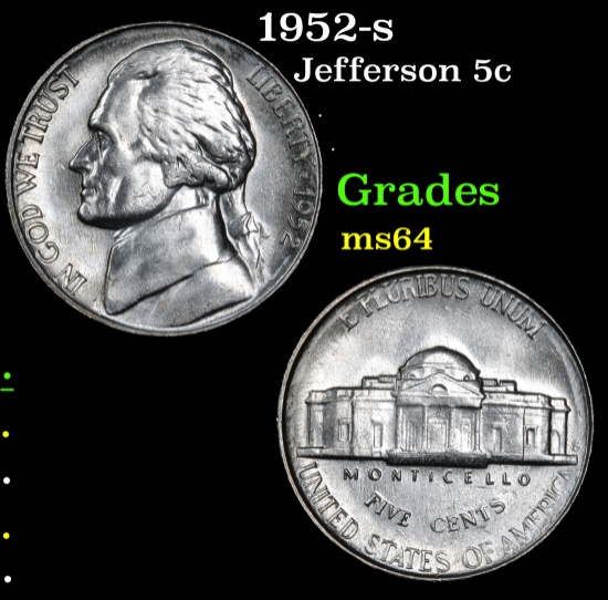 1952-s Jefferson Nickel 5c Grades Choice Unc