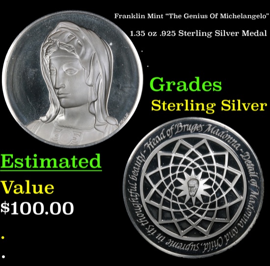 Franklin Mint "The Genius Of Michelangelo" 1.35 oz .925 Sterling Silver Medal Grades