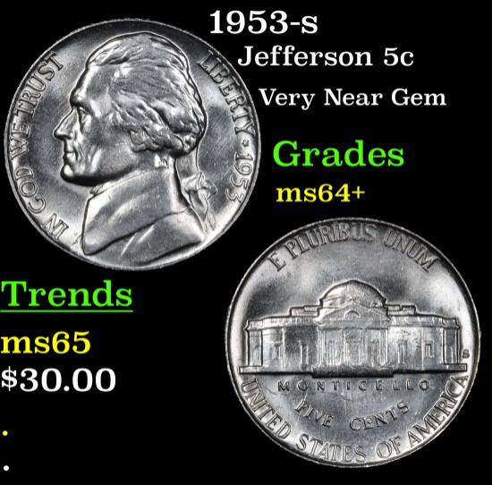 1953-s Jefferson Nickel 5c Grades Choice+ Unc