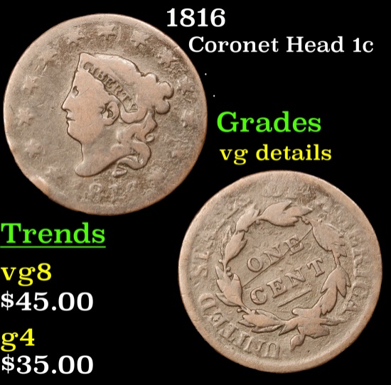 1816 Coronet Head Large Cent 1c Grades vg details