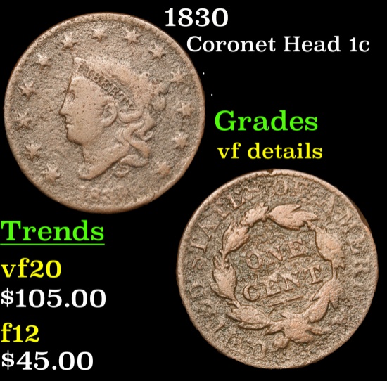 1830 Coronet Head Large Cent 1c Grades vf details