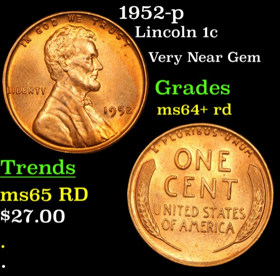 1952-p Lincoln Cent 1c Grades Choice+ Unc RD