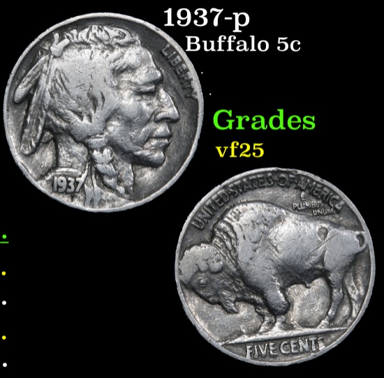 1937-p Buffalo Nickel 5c Grades vf+