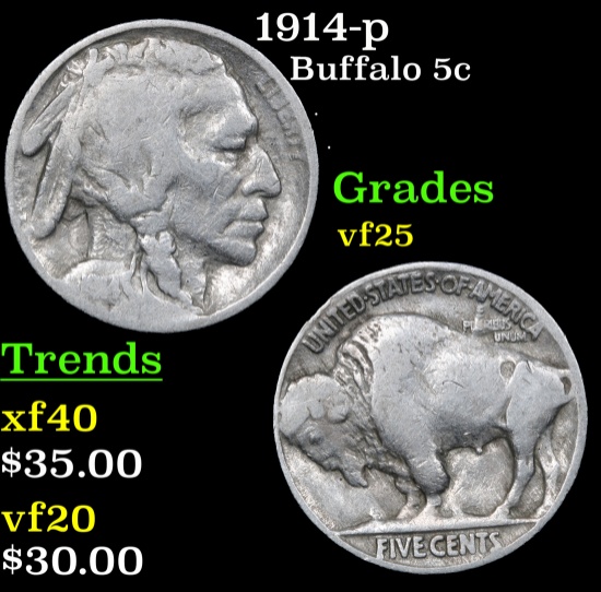 1914-p Buffalo Nickel 5c Grades vf+
