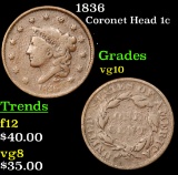 1836 Coronet Head Large Cent 1c Grades vg+