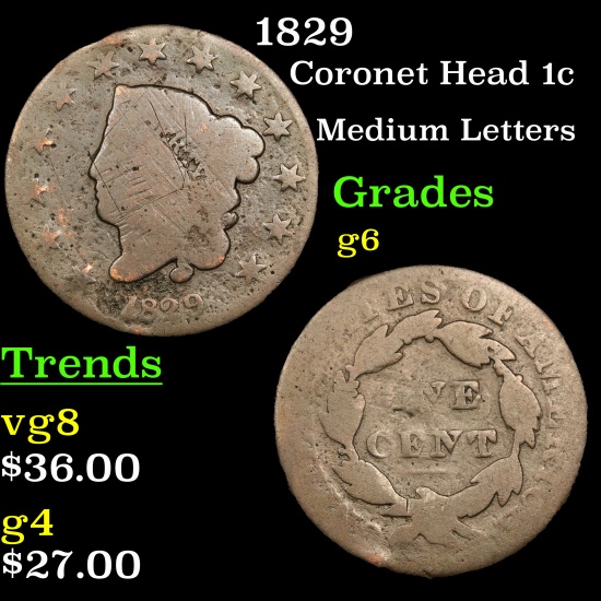 1829 Coronet Head Large Cent 1c Grades g+