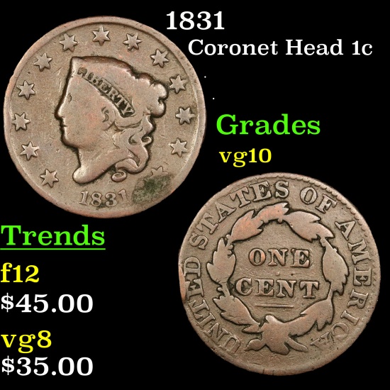 1831 Coronet Head Large Cent 1c Grades vg+
