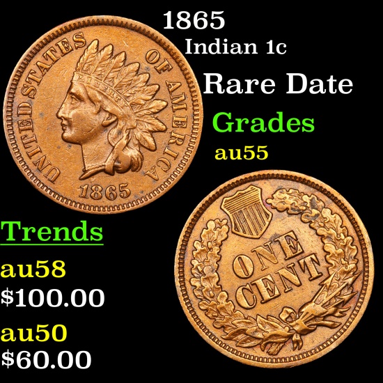 1865 Indian Cent 1c Grades Choice AU