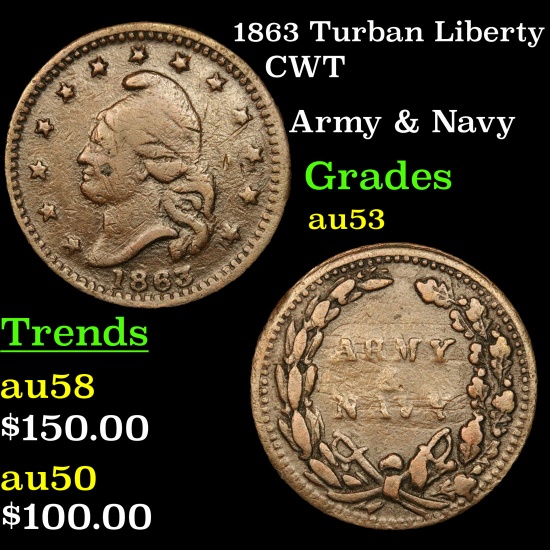 1863 Turban Liberty Civil War Token 1c Grades Select AU
