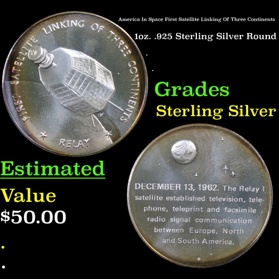 America In Space First Satellite Linking Of Three Continents 1oz. .925 Sterling Silver Round Grades