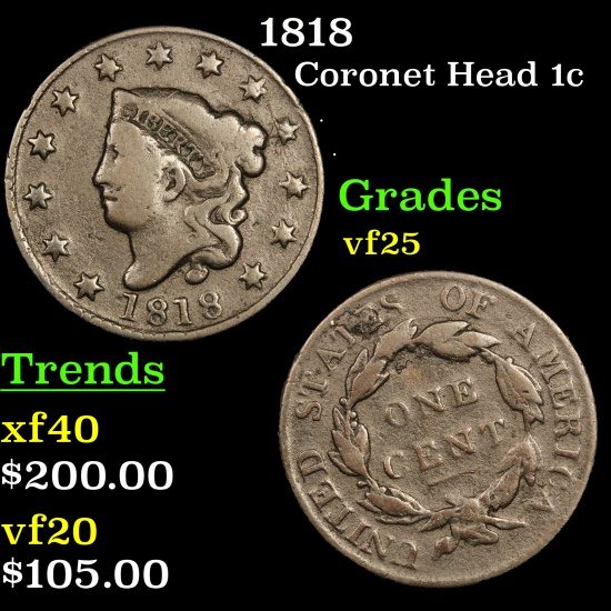 1818 Coronet Head Large Cent 1c Grades vf+