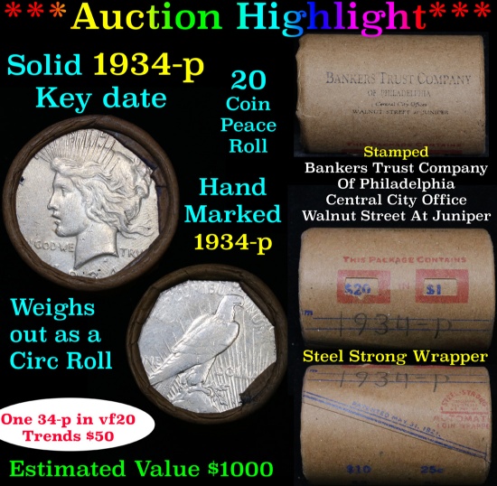 ***Auction Highlight*** Full solid date 1934-p Peace silver dollar roll, 20 coins   (fc)