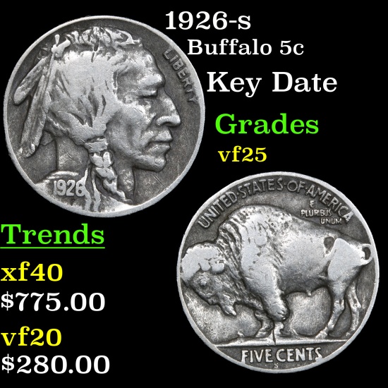 1926-s Buffalo Nickel 5c Grades vf+