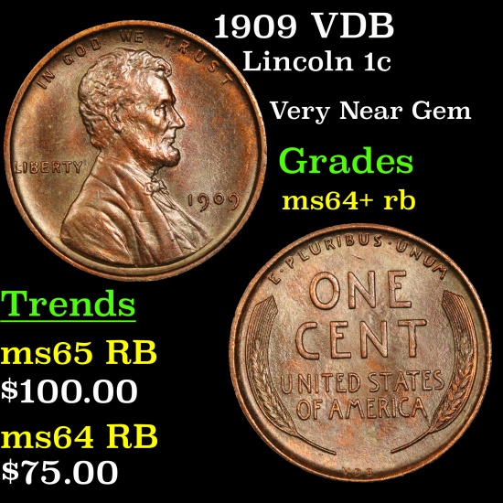 1909 VDB Lincoln Cent 1c Grades Choice+ Unc RB