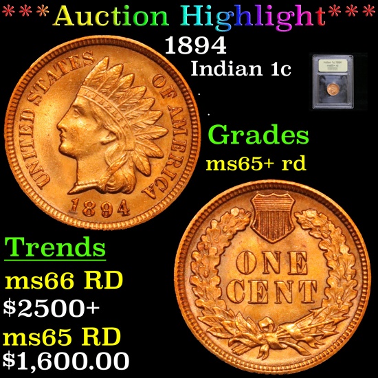 ***Auction Highlight*** 1894 Indian Cent 1c Graded Gem+ Unc RD By USCG (fc)