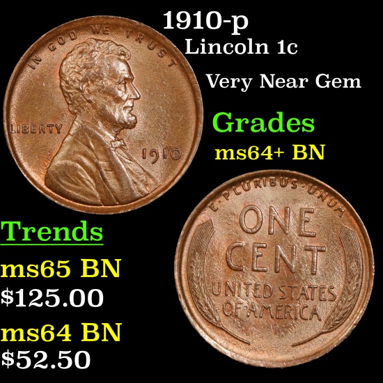 1910-p Lincoln Cent 1c Grades Choice+ Unc BN