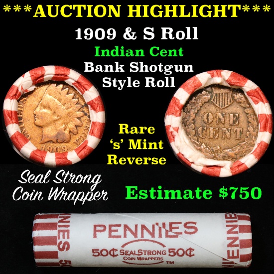 ***Auction Highlight*** Indian 1c Shotgun Roll, 1909 end, KEY date 's' mint other, Wow! . . (fc)