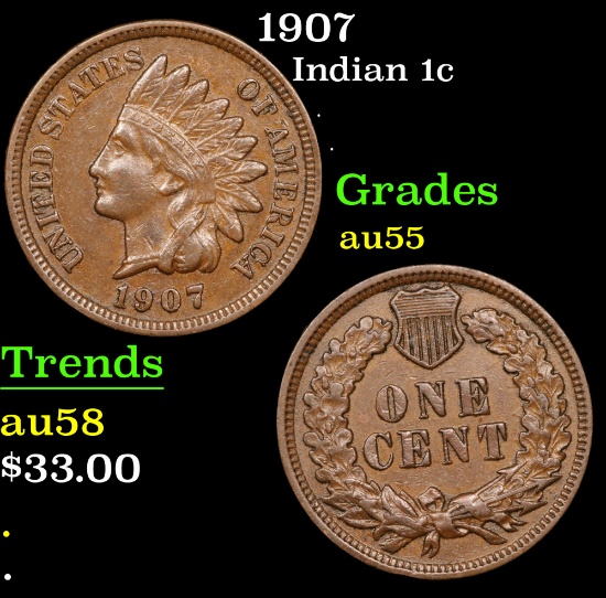 1907 Indian Cent 1c Grades Choice AU