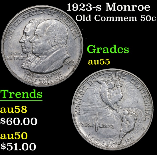 1923-s Monroe Old Commem Half Dollar 50c Grades Choice AU