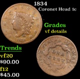 1834 Coronet Head Large Cent 1c Grades vf details