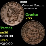 1833 Coronet Head Large Cent 1c Grades xf+