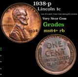 1938-p Lincoln Cent 1c Grades Choice+ Unc RB