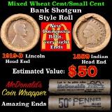 Mixed small cents 1c McDonald's wrapper shotgun roll, 1919-d Wheat Cent, 1889 Indian Cent other end