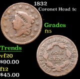 1832 Coronet Head Large Cent 1c Grades f+