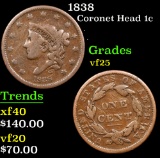 1838 Coronet Head Large Cent 1c Grades vf+