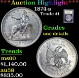 ***Auction Highlight*** 1874-s Trade Dollar $1 Graded Unc Details By USCG (fc)