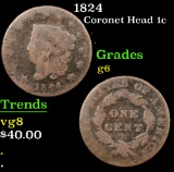 1824 Coronet Head Large Cent 1c Grades g+