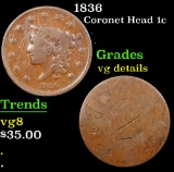 1836 Coronet Head Large Cent 1c Grades vg details