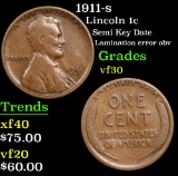 1911-s Lincoln Cent 1c Grades vf++